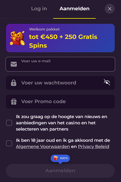 Welkom pakket tot € 450 + 250 Gratis Spins